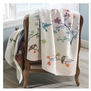 Cuddledown Hummingbird Throw Blanket Whimsical Jaquard Organic Cotton 59x50
